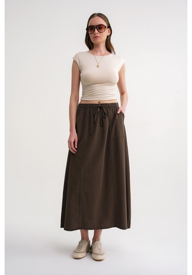 4633 Kadın Yandan Cepli Parçalı Etek Haki Haki