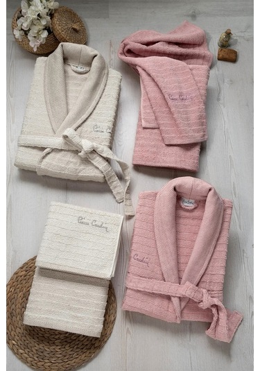 Pierre Cardin 6 Parça Jakarlı Aile Bornoz Seti-wave Soft G.kurusu Gül Kurusu - Krem