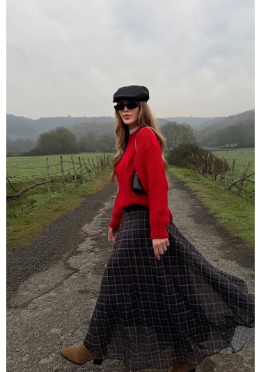 Siyah Şifon Ekoseli Etek - 0613 Siyah