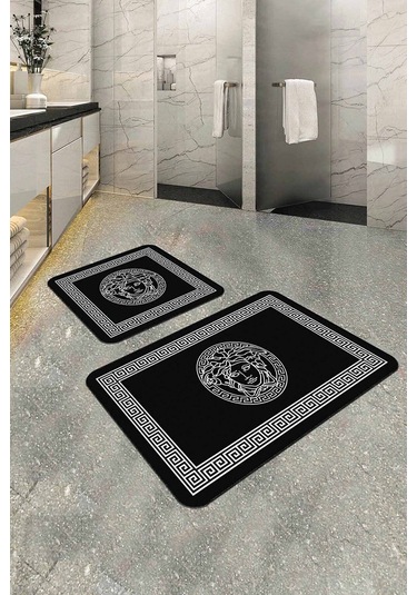 Siyah Çerçeve Temalı Banyo Halısı Klozet Paspas Seti Bs350