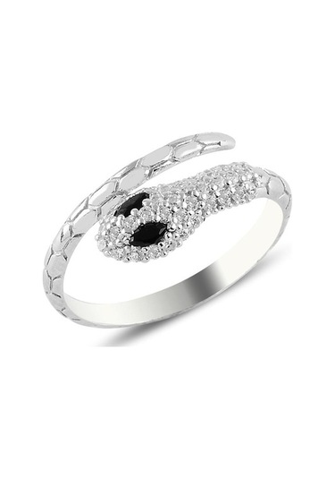 Gümüş Rodyumlu Onix Ve Zirkon Taşlı Ayarlanabilir Yılan Yüzük