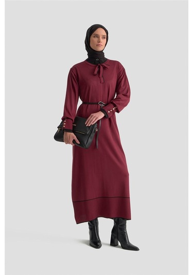 Armine Fularlı Triko Elbise 25ktd955 Bordo Bordo