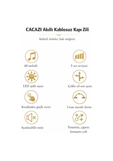 Kablosuz Kapı Zili Seti 60 Melodi, 110 Db, 150 M Menzil 1 Alıcı + 1 Buton