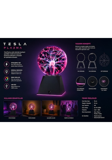 Usb Li Plazma Tesla Küre Işıklı Cam Dekoratif Lamba Dokunmatik Gece Lambası Siyah