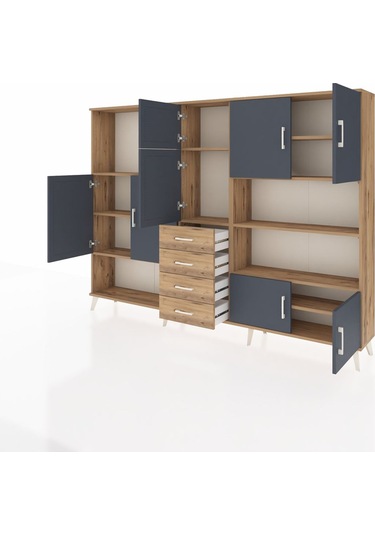 Arges Dolap 9 Raflı 4 Çekmeceli 8 Kapaklı 220x30x163 Çam-antrasit Çam-antrasit/çam