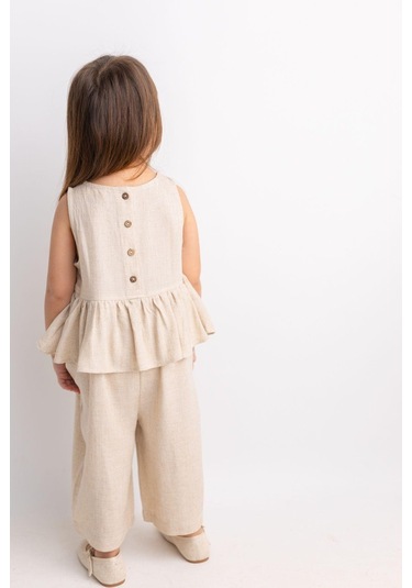 Oliventhekid Beli Volanlı Sırtı Düğmeli Kolsuz Keten Kız Çocuk Tulum Bej Bej