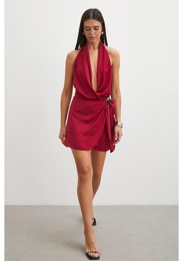 Uterpe Halter Yaka Derin V Dekolteli Mini Elbise Bordo
