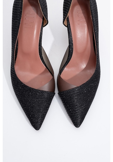 Luvishoes 653 Siyah Simli Topuklu Kadın Ayakkabı Siyah