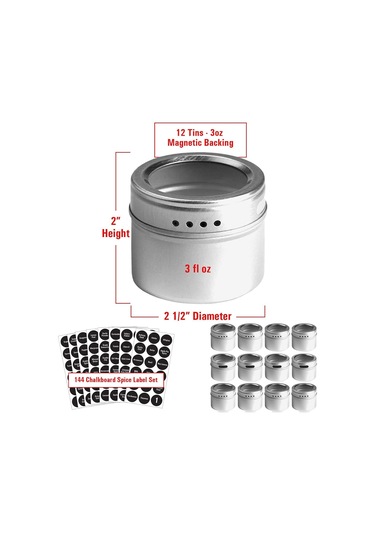 Mufunye Manyetik Şeffaf Paslanmaz Baharat Kavanozu Seti - 12 Parça + 144 Adet Etiket, Mutfak İçin Pratik Ve Güvenilir Çözüm Gümüş