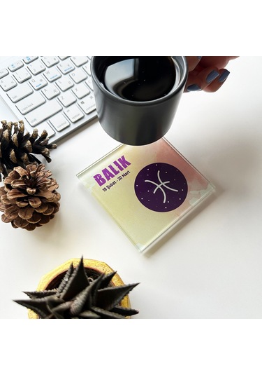 Decorita Cam Bardak Altlığı Burçlar - Balık Burcu 4'lü Takım Çok Renkli