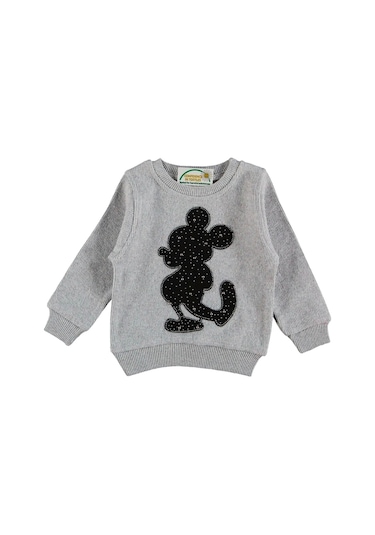Kız Çocuk Gri Renk Selanik Kumaş Bisiklet Yaka İnci Ve Taş Aksesuarlı Mickey Mouse Model Mevsimlik Kışlık Sweat Gri