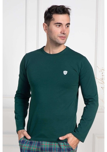 Mecit 3024 Yeşil Bisiklet Yaka Uzun Kollu Likralı Pamuk Erkek Tişört Yeşil
