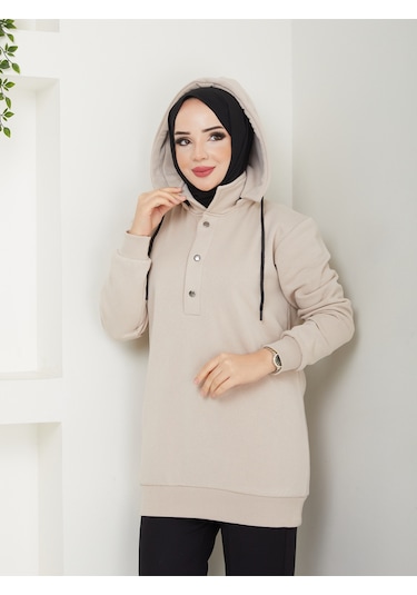 Raika Moda Kapşonlu 3 İplik Büyük Beden Tesettür Sweatshirt Bej