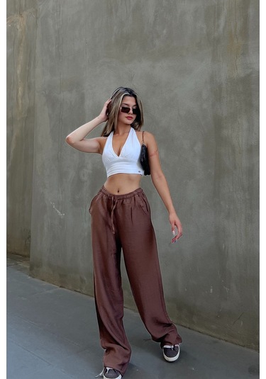 Pembe Keten Karışımlı Bol Kesim Pantolon Kahverengi