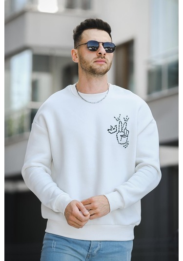 Oksit Trc 2719 Üç İplik Şardonlu Sırt Baskılı Bisiklet Yaka Oversize Erkek Sweatshirt 001