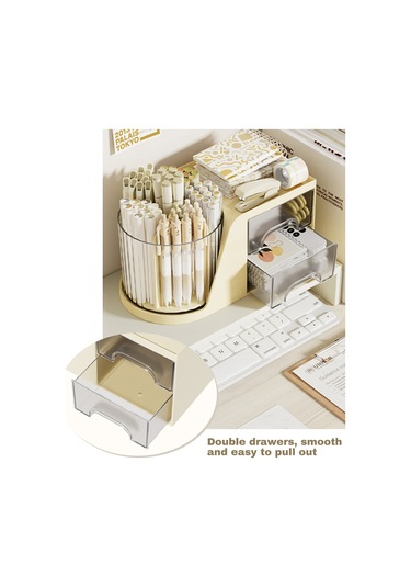 Springsun Beyaz Plastik Masa Düzenleyici - 360 Derece Döner Kalem Kutusu, 2 Çekmeceli Ve Fakatlı, Ofis/öğrenci Stokaj Gereci, Çok Amaçlı Masa Tahtası Organizatörü Beyaz