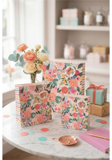 Pastel Pembe Çiçekli 3 Boy Karton Hediye Çantası Seti 3+