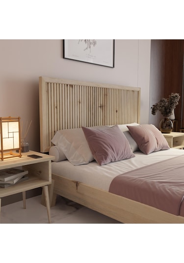 Alaz Model Vernikli Çam Ahşap Karyola Ve İki Komodin Set Dikey -296 140 x 190