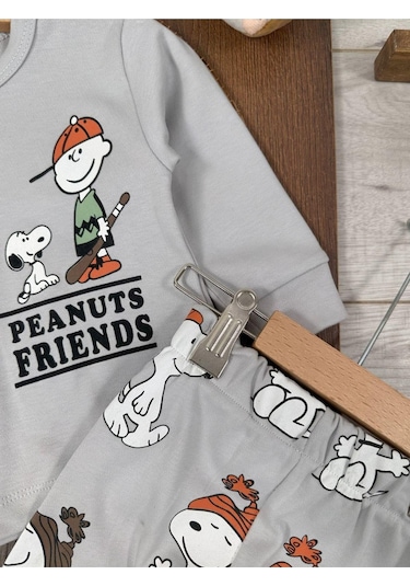 Bisiklet Yaka Peanuts Friends Baskılı Alt Üst Pijama Takımı 4bb2 Gri