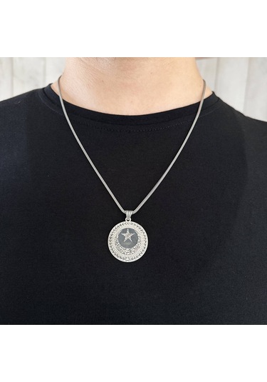925 Ayar Gümüş Kelime-i Tevhid Yazılı Ayyıldız Tasarım Yuvarlak Erkek Kolye Gümüş