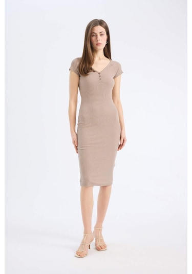 DeFacto Bodycon Vücudu Saran V Yaka Fitilli Kaşkorse Kısa Kollu Midi Elbise E7368AX25SPBG73