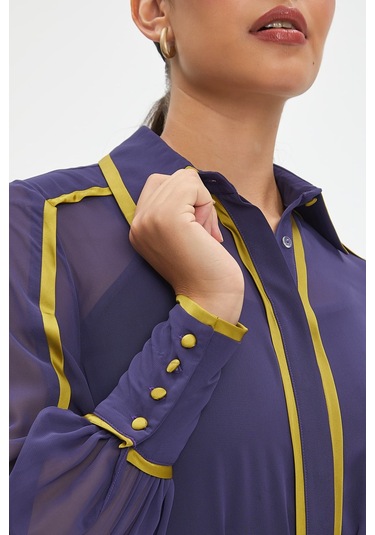 Şifon Ve Bağcıklı Midi Boy Elbise - Kontrast Şerit Detaylı - Günlük Ve Özel Günlük Şıklık Mor