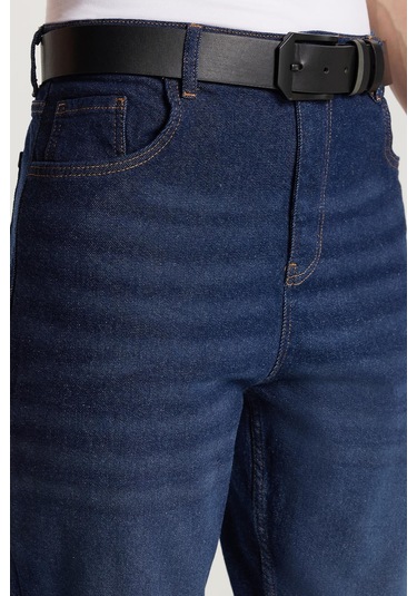 Erkek Straight Fit Bol Kesim Denim Yıkamalı Efektli Esnek Lacivert Jean Kot Pantolon-34088 Lacivert