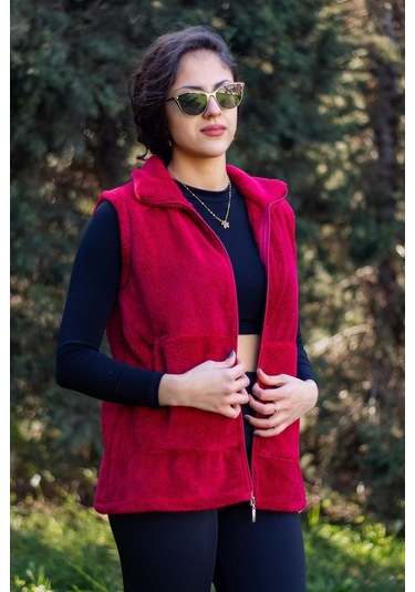 Kadın Bordo Kırmızı Dik Yaka Kalın Peluş Fermuarlı Yelek 24kylkk215 001