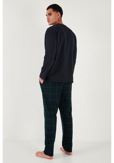 Buratti Ekoseli Pamuklu Regular Fit Yüksek Bel Bisiklet Yaka Erkek Pijama Takımı 6574000 Lacivert