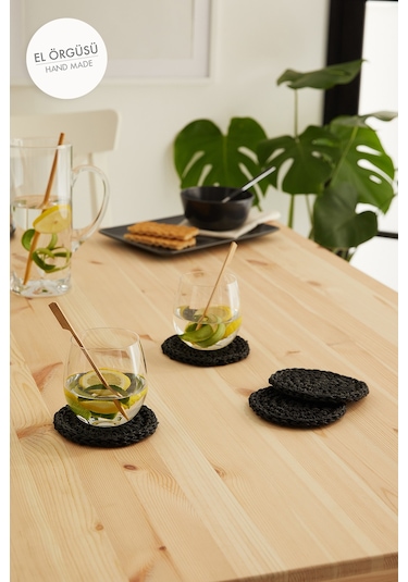 Ocean Home Textile 4'lü Siyah Renk Rafya Bardak Altlığı Ø 11 cm