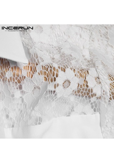 Incerun Erkek Dantel Patchwork T-shirt Yaz Kısa Kollu Düğmeler Aşağı Transparan Üstler Örgü Gömlek Erkek Giyim Beyaz
