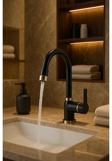 Rudi Armatür Lüx Pirinç Malzeme 360 Döner Gövdeli Siyah Lavabo Bataryası Siyah