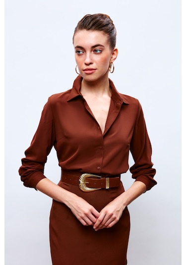 Sateen Düz Klasik Gömlek - Kahve-132874 Kahve