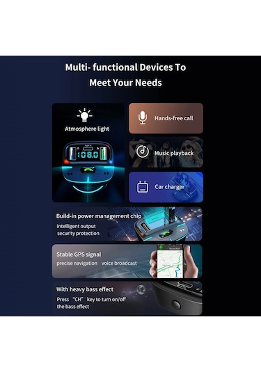 Araba Bluetooth Mp3 Çalar Ortam Işığı Şarj Cihazı Siyah