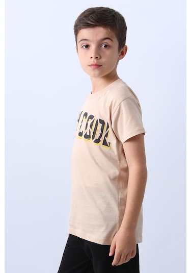 Erkek Çocuk Tişört Stay Cool Baskılı Bisiklet Yaka F18 Bej