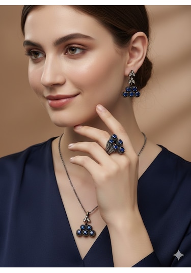 Otantik Safir Taşlı Bayan Gümüş Set Bronz