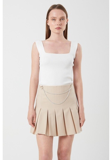 4155 Kadın Zincir Detay Pileli Mini Etek Bej Bej