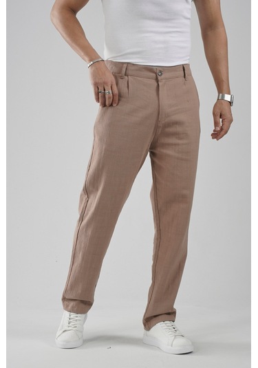 Baggy Fit Kalıp Pamuklu Keten Pantolon VİZON