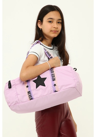 Kız Çocuk Yıldız Baskılı Spor Çanta, Yan Cepli Spor Çanta - Lila