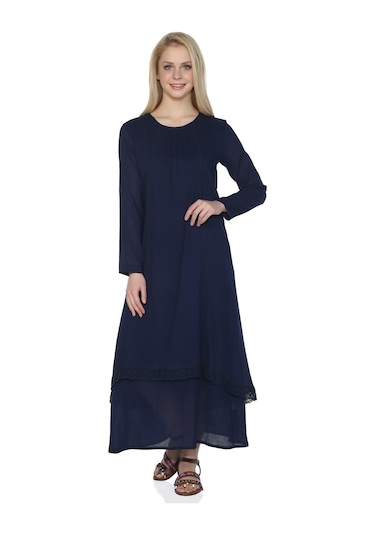 Uzun Kol Şile Bezi Nervürlü Uzun Elbise Lacivert