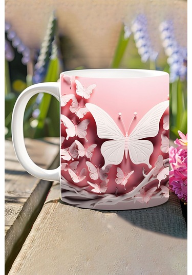 3d Görünümlü Pembe Çiçek Ve Kelebekler No:25 3d Tasarım Baskılı Kupa Bardak Mug Antik Sarı