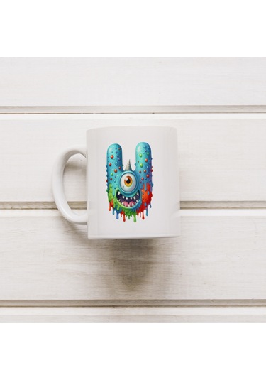 U Harfi Bardak, Sevimli Canavarlar Harflı Bardak Hediyesi Porselen Beyaz