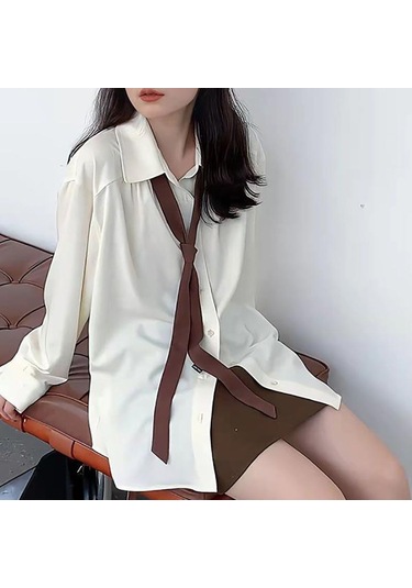 Gri Sonbahar Minimalist Uzun Kollu Düğme Yukarı Gömlek Kadın Kore Tarzı Katı Kravat Büyük Boy Gömlek Bluz Gevşek Elbise Tops Gri