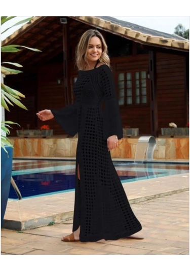 Bohem Uzun Kollu Sarong Oymalı Plaj Elbisesi Siyah