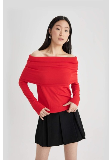 DeFacto Fitted Açık Omuz Triko Kırmızı Kazak D0049AX24SPRD227 Kırmızı