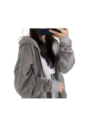 Açık Gri Kadın Kış Ceket Fermuar Kapatma Kalın Kapşonlu Uzun Kollu İpli Gevşek Düz Renk Cepler Elastik Manşet Bayan Sonbahar Ceket Açık Gri