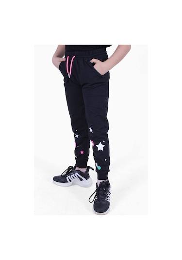 Fyk Kids Baskılı, Kalp Desen Detaylı Kız Çocuk Eşofman Altı Siyah