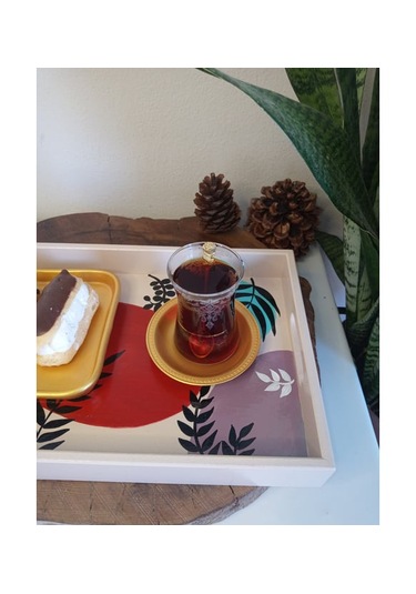 El Boyaması Desenli Ahşap Dikdörtgen Model Çay , Kahve , Söz Nişan Dekoratif Servis Sunum Tepsisi Çok Renkli