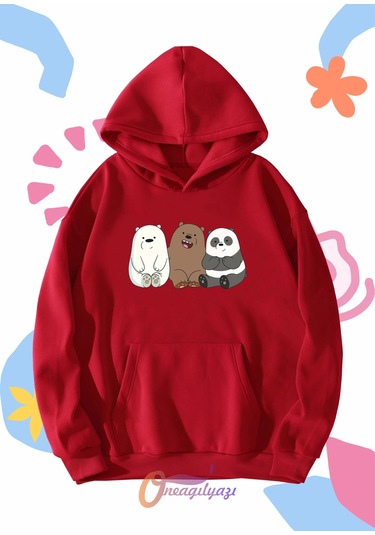 Çocuk Unisex Ayıcıklar Baskılı Oversize Kapüşönlü Sweatshirt Kırmızı