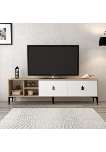 3804 Era Tv Ünitesi 180 Cm 2 Kapaklı Raflı Sepet - Beyaz Tv Sehpası Beyaz - Sepet Çok Renkli